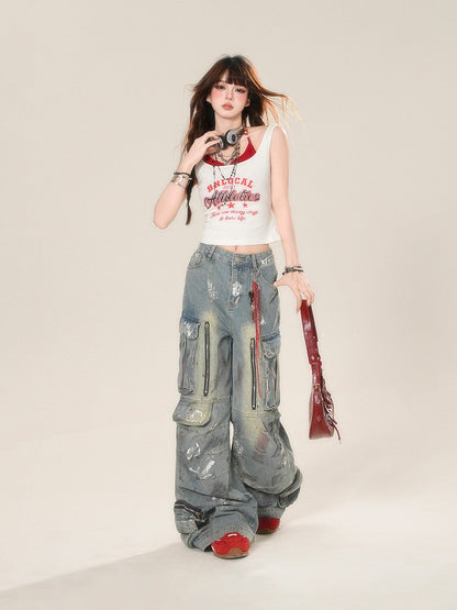 Drucken Glamouröse Rot und Weiß Neckholder Brief Zwei-stück Tank Top Faux