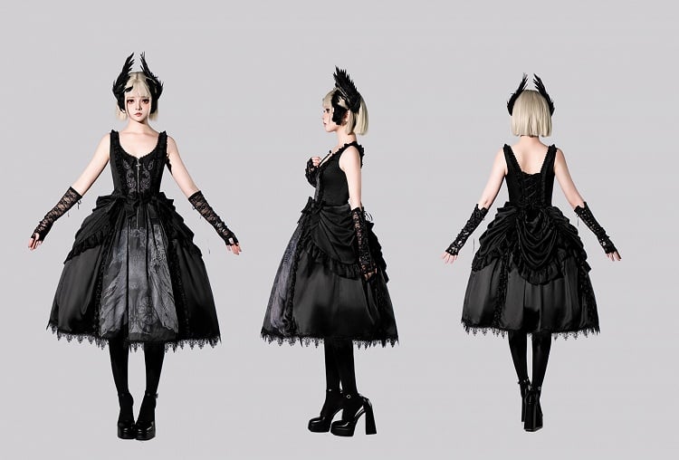 Grim Detachable Reaper and Print Bows Black Dress Waist at Scale Gothic with Lolita