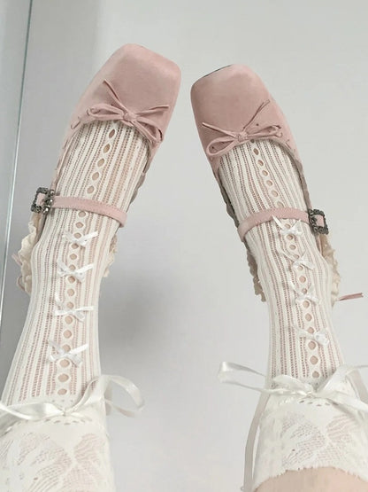 Mid - Toe Bow Lolita Pink Elegant for Square Heel Mary Janes Accent with