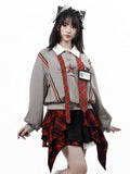 Preppy Gray Star & Letter Print Collared Sweatshirt with Matching Tie - PINK SAVIOR