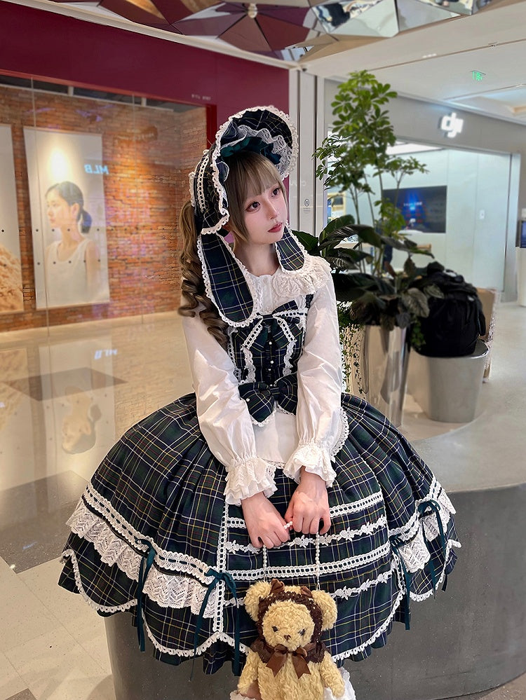 Accents Skirt Jumper Trim Plaid Bow Scalloped Sweet Edge Green with Lolita