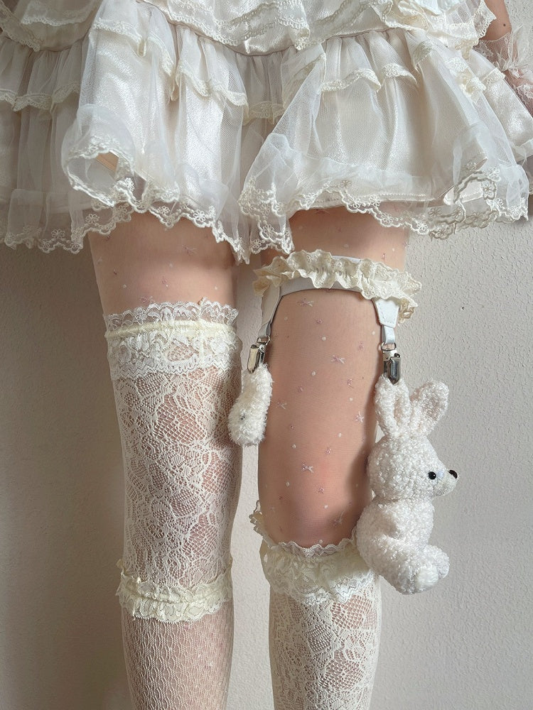 Beige Sweet Sheer Star Tights + Lace Overknee Stockings + Plush Bunny Leg Ring Set - Ms. Sox