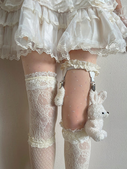 Beige Sweet Sheer Star Tights + Lace Overknee Stockings + Plush Bunny Leg Ring Set - Ms. Sox