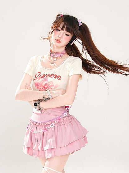 Trim Sweet Lollipop Print Spitzen-T-Shirt Rosa/Apricot Glamorous Cropped