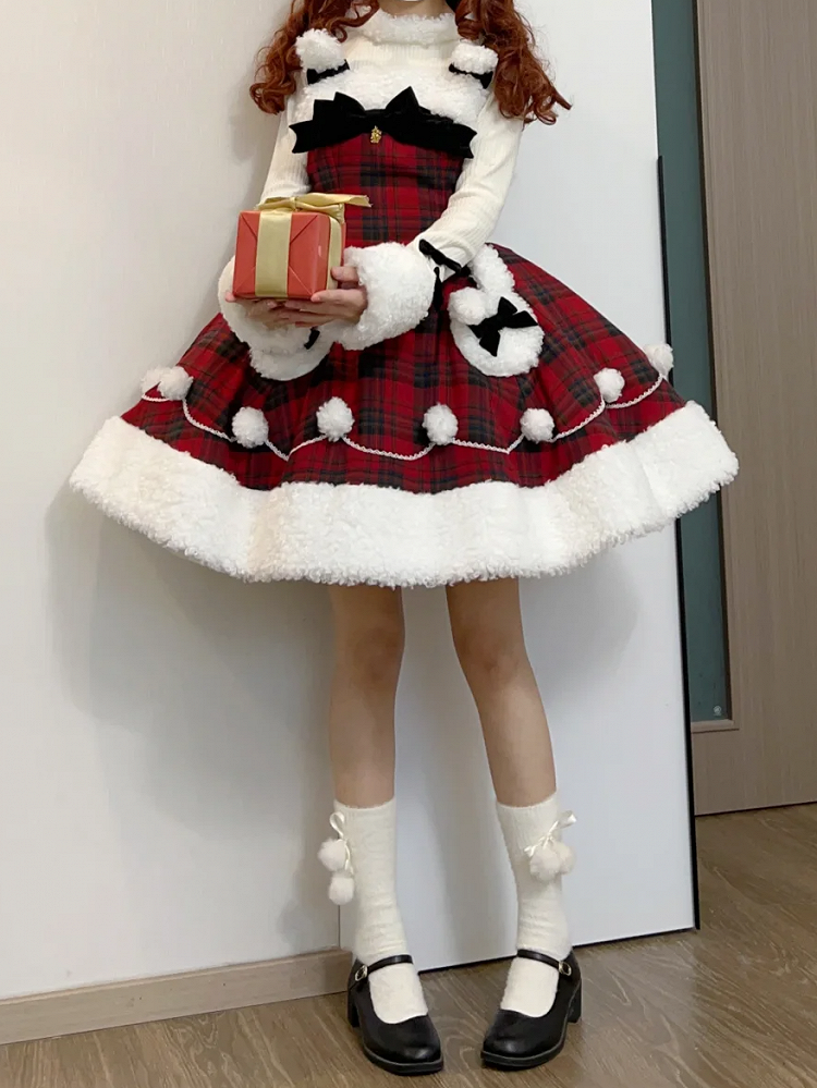 Rotes Karomuster, Winterhasen-Thema, Weihnachts-Lolita-Kleid, Plüsch-Ausschnitt und Saum