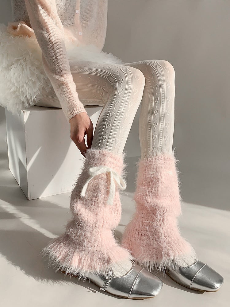Lolita Leg Warmers - Fuzzy Knit Bow Warmers in Pink, White & Blue | LilyVow