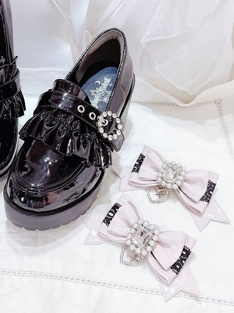 Pink Bowknot Decor Kei Shoe Jirai Black Pink/White Clips Beaded -
