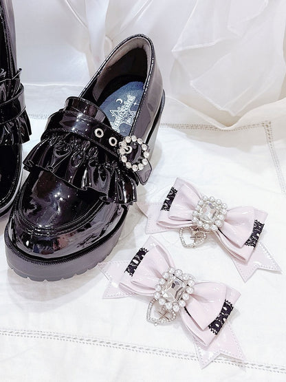 Pink Bowknot Decor Kei Shoe Jirai Black Pink/White Clips Beaded -