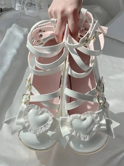 Detachable White Bow 6.5cm Heart Janes Wood Design Mary Sole with Platform Crisscross Grain -