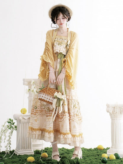 Yellow Bell Sleeve Lolita Outerwear with Hanfu Element Detail & Ruffled Trim Design - Luo Xiu Dong Xiang