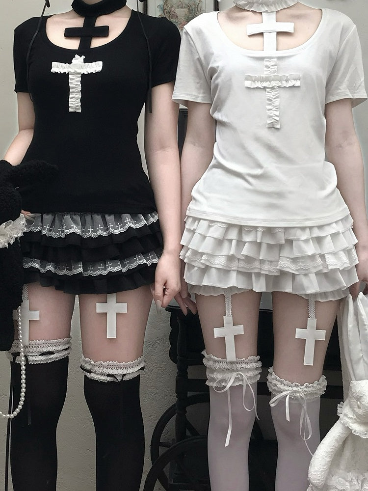 Trim Black/White Gothic Mini Tiered Lace Skort with
