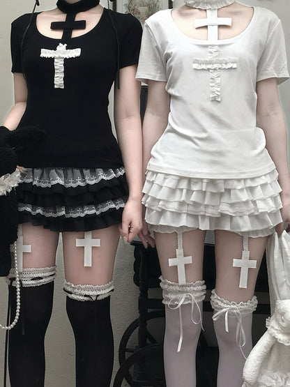 Trim Black/White Gothic Mini Tiered Lace Skort with