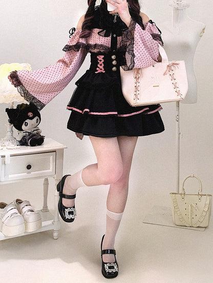 Jirai Sleeves Kei Polka-dot Bell / Blouse | White Pink