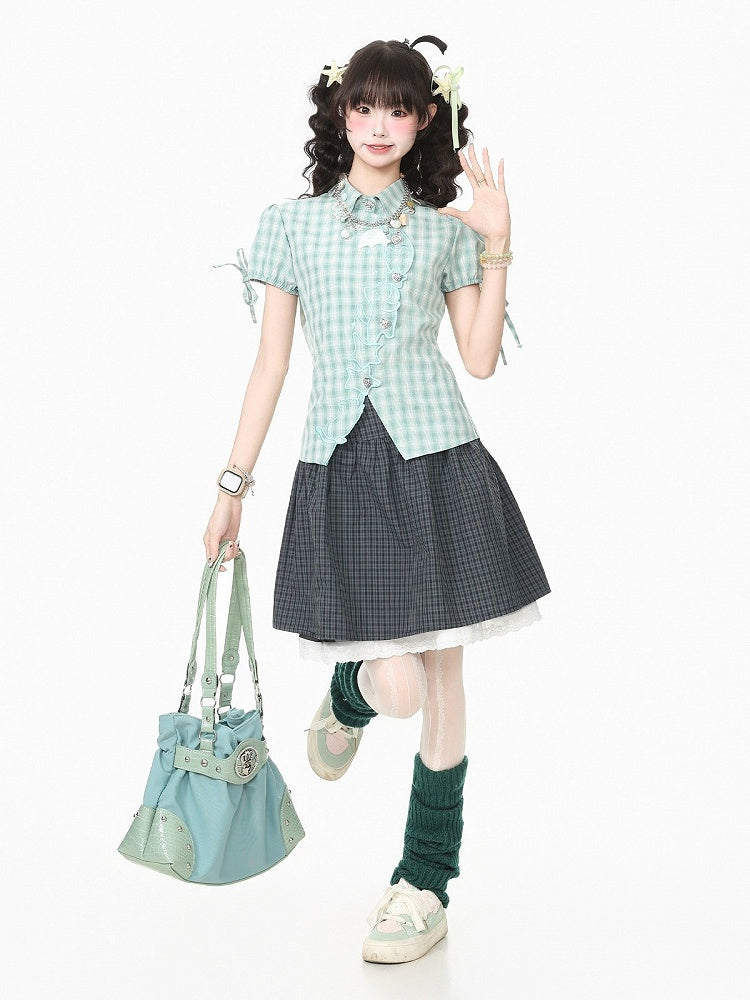 Green Plaid Short Sleeve Shirt with Kitty Embroidery - Languid Park