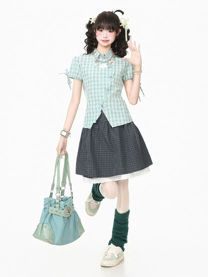 Green Plaid Short Sleeve Shirt with Kitty Embroidery - Languid Park