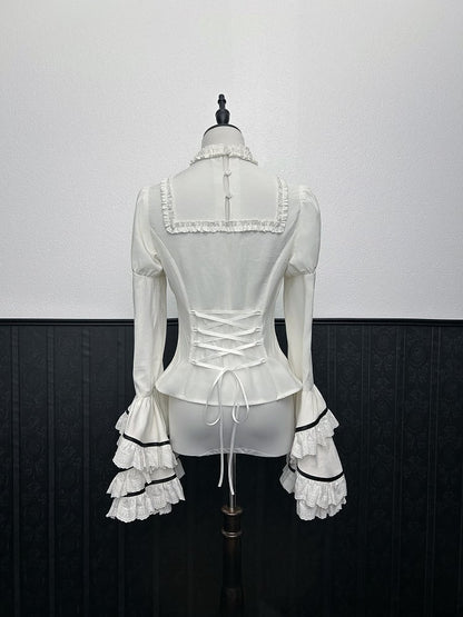 Sleeves Layered White Blouse Ruffled Neck Bell