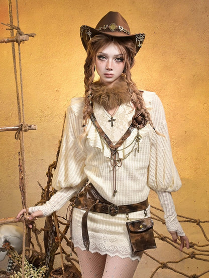 PU with Sleeves Knit V-neck Brown Punk Retro Beige Dress Bishop