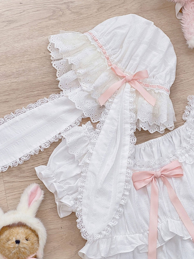 Sweet Pink & White Lace Lolita Hat with Rabbit Ears - Tan Tuan