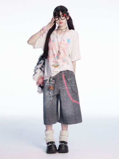 ウエストチェーンプリント フェードウォッシュ ワイドレッグジーンズ グレー ロー