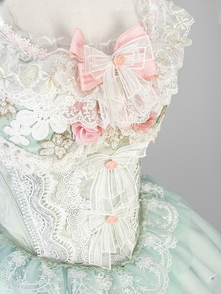 and Sweet Skirt Corset + Lace-Trimmed Bow Jacquard Green Decorated Lolita Lace Top