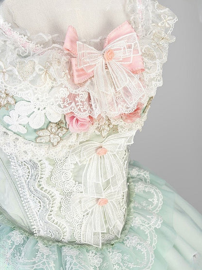 and Sweet Skirt Corset + Lace-Trimmed Bow Jacquard Green Decorated Lolita Lace Top