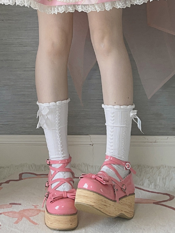 Crisscross Pink Accents Design Toe Round Platforms Rose Bow Sweet Polished Lolita -