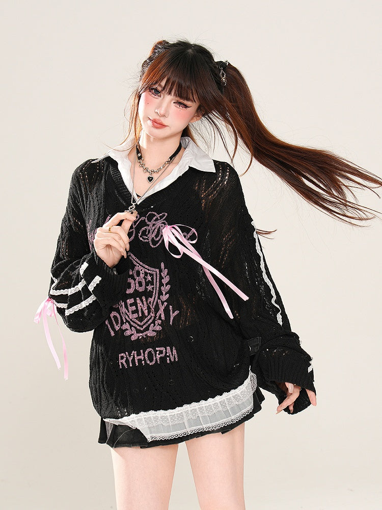 Aprikose/Schwarz Halbtransparent Polo Kragen Sonnenschutz Hohl-out Top Faux