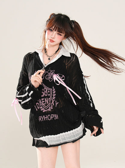 Aprikose/Schwarz Halbtransparent Polo Kragen Sonnenschutz Hohl-out Top Faux