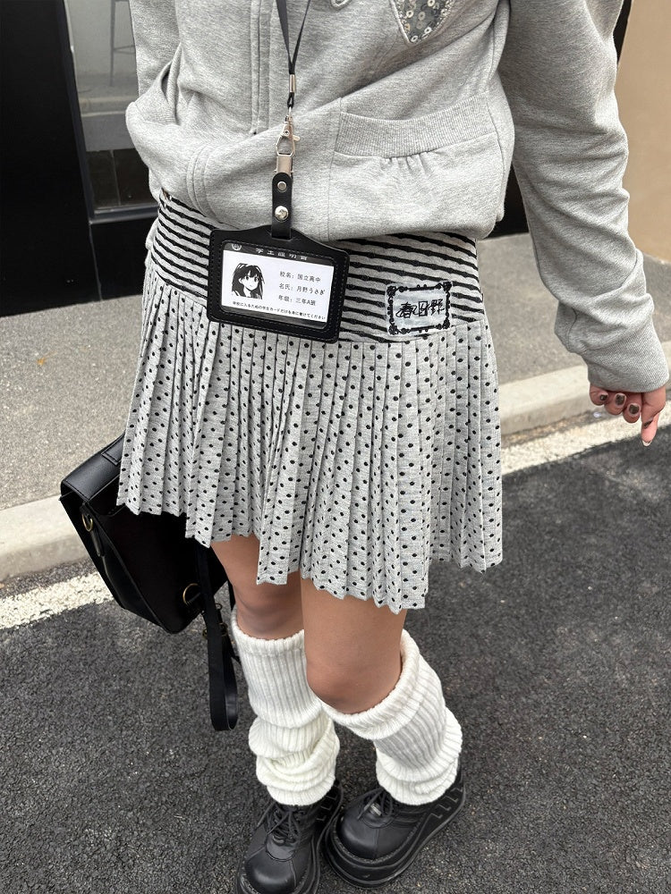 A-line Embroidery Skirt with Striped Short Polka-dot Knit