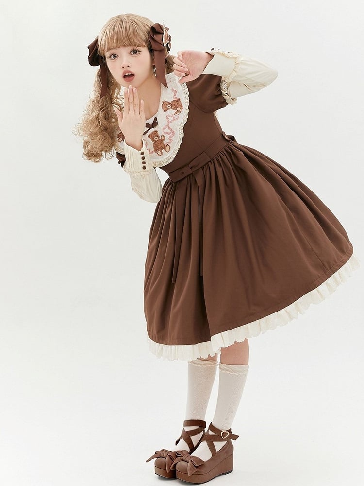 Trim Sweet Lace Bear Teddy Embroidered Lolita Sleeves Dresswith Puff Neckline Brown