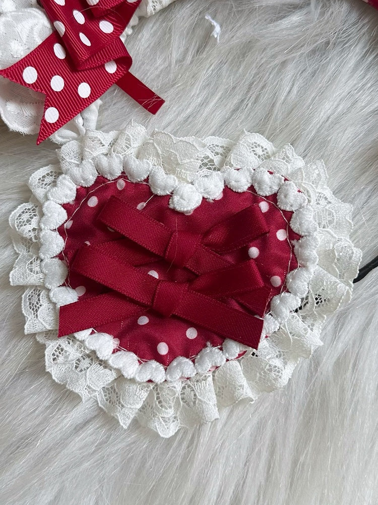 Red Polka-dot Heart-Shaped Trim Lace Hairclip/Brooch Bow