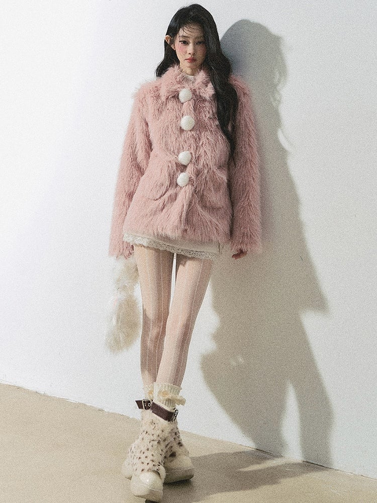 Kunstpelzmantel mit Pompom-Knopf-Design