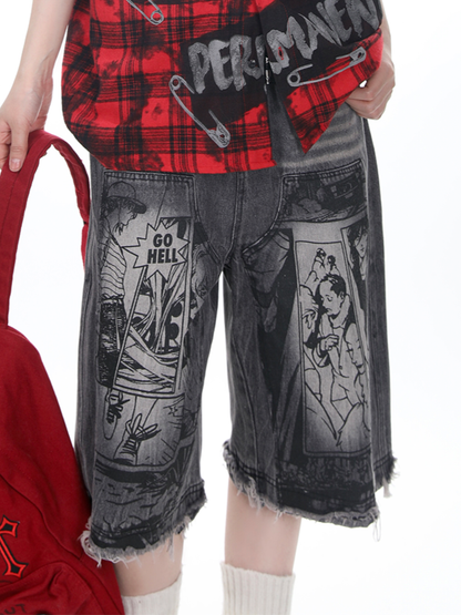 Raw Hem and Monochrome Comic Strip Print Dark Grey Denim Shorts with