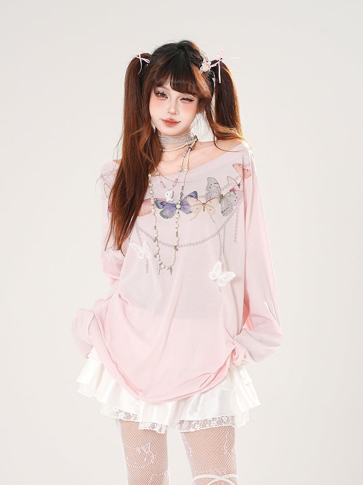 Back Cutout White/Pink Asymmetrical Detail Butterfly-shaped