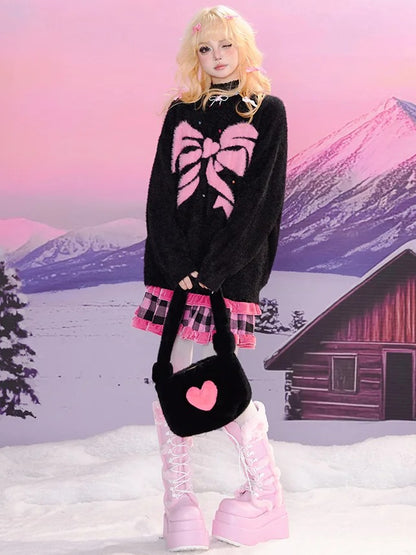 Black Sweet Bowknot Pattern Mohair Loose Sweater