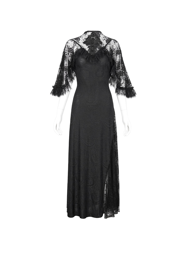 Black Stretch Printed Knit Panel Lace High Slit Asymmetric Gothic Dress