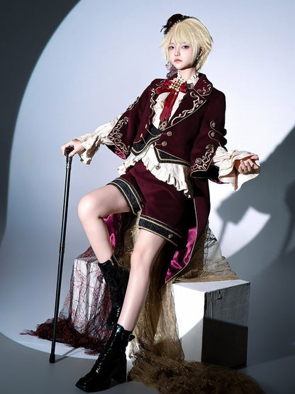 Rotes Ouji Lolita Gryffindor-Outfit, langärmliges Hemd + roter Schwalbenschwanzmantel + Shorts mit geradem Bein
