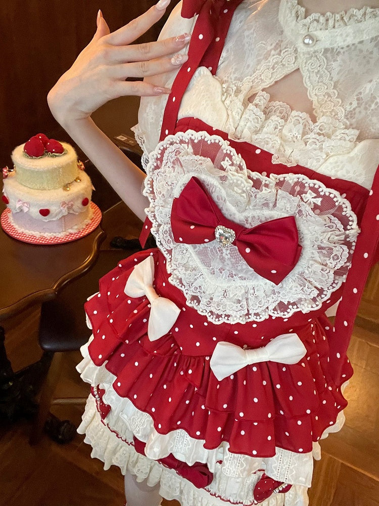 Polka Cami Sleeves Sweet Puff Bow + Accents Skirt Lolita Set Top Cropped Dots Red - Full