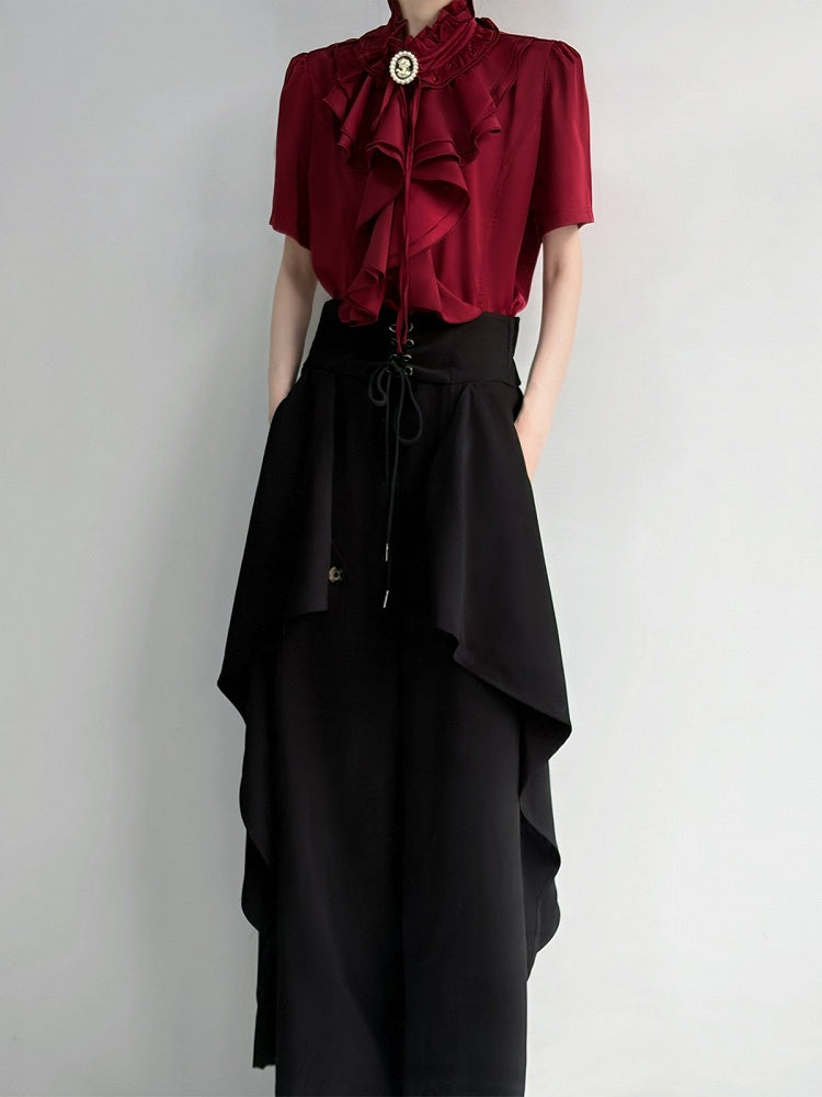 Layered Ruffle Red Ouji Short Sleeve Blouse - ROAE