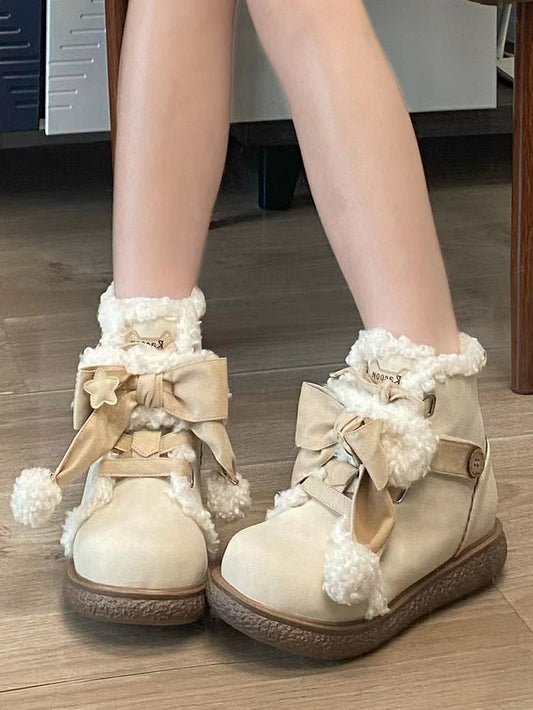 Ankle Beige Lining Lolita Plush Flat 3cm Sole - Boots Sweet