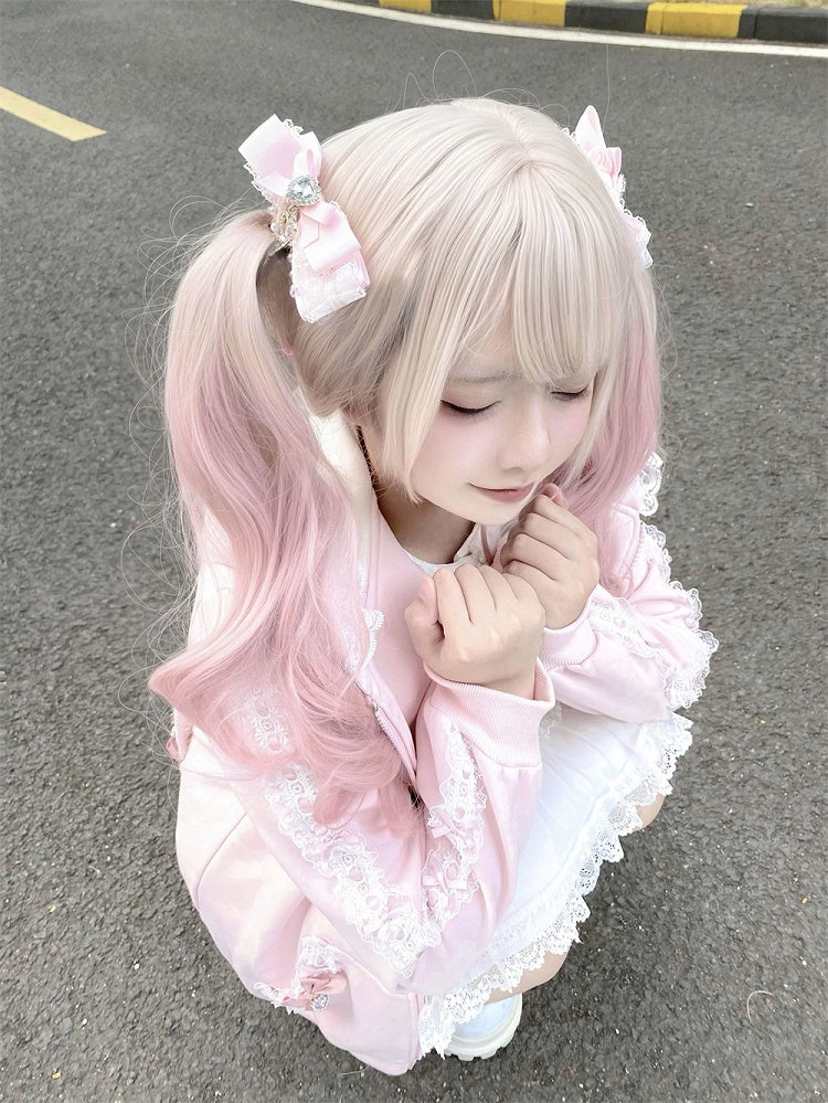 Style Hoodie Bow Zip-up Lace Jirai | Light with Pink Ears Kei Details and Bunny