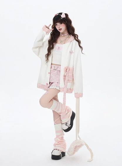 Apricot & Pink Heart-shaped Buttons Hoodie with Detachable Bunny Ear Design