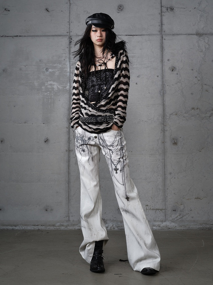 mit Kettennieten Print Punk Cross Hose Button-Up Wide-Leg Fly Weiß