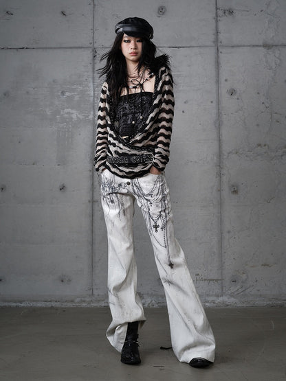 mit Kettennieten Print Punk Cross Hose Button-Up Wide-Leg Fly Weiß