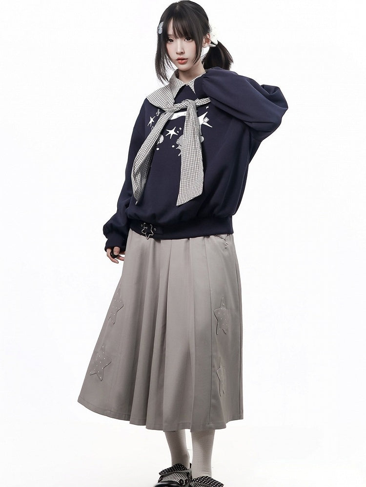 Kawaii Gray Pleated Long Skirt with Star Patch Accents - PINK SAVIOR