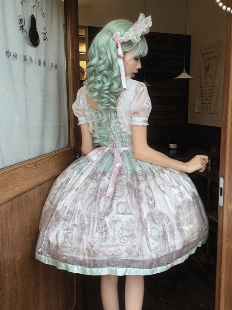 Rose & Mint Short Sleeve OP Gown with Bear Motif - Lunethe