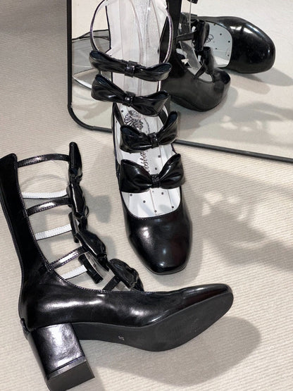 Black Lolita Square Toe Back Zip Boots 6.5CM 3CM Heel Height - EvilStar