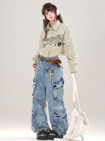 Green/Pink Letters Plaid Cropped Shirt