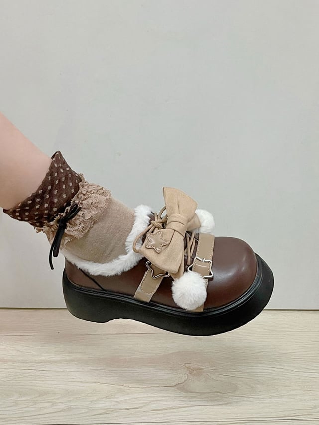 PU Schuhe Braun Abnehmbare Winter Star Lolita Akzent Süße Schleife Plattform Details Leder