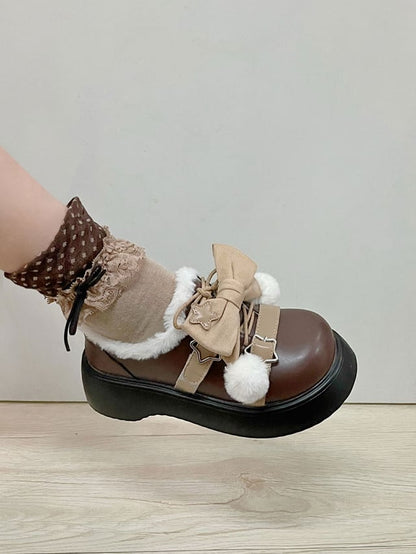 PU Schuhe Braun Abnehmbare Winter Star Lolita Akzent Süße Schleife Plattform Details Leder